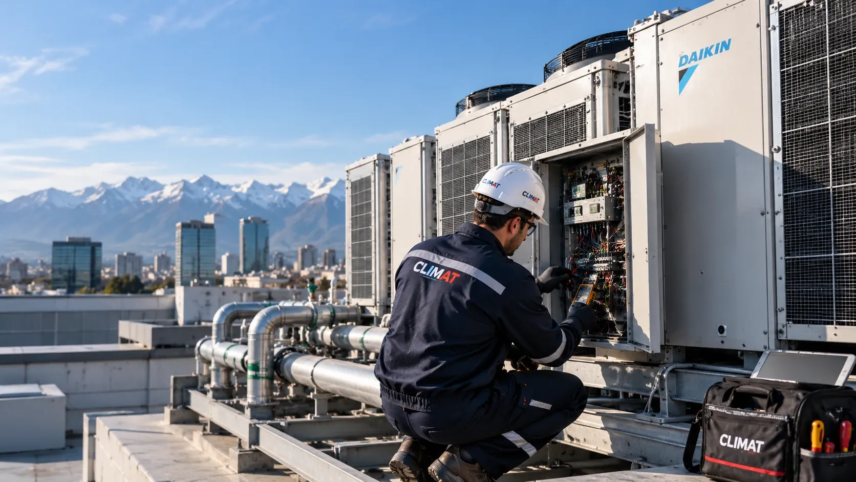 Técnico de CLIMAT revisando el tablero eléctrico de equipos HVAC en la azotea de un edificio en Santiago